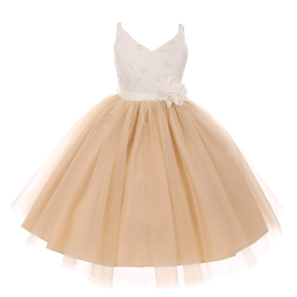 Rain Kids Big Girls Champagne Beaded Lace V-neck Special Occasion Dress 8-12 - SophiasStyle.com